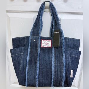 NWT True Religion Blue Denim Tote with Frayed Trim